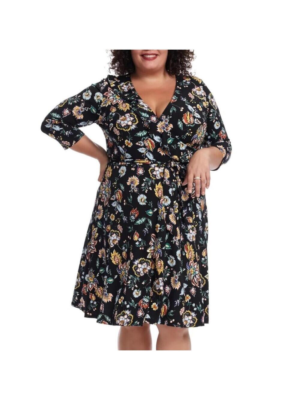Leota Faux Wrap Midi Dress 16 Black Floral Ruffle 3/4 Sleeve NWT 1L NEW